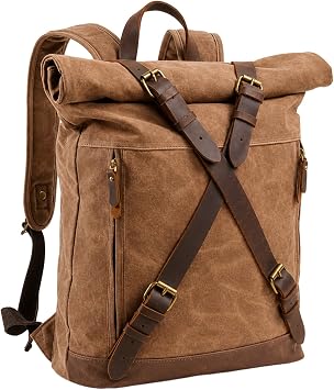 Vintage Canvas Roll Top Backpack with Leather Straps for Travel
