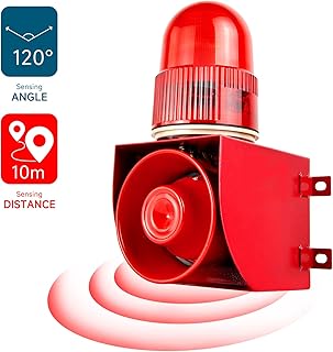 Motion Sensor Alarm 120dB Horn Adjustable Volume Tones Waterproof LED Strobe Light Sirens Motion Detector Alarm System for Home Factories, Warehouses and Docks Security AC110-120 V SLA-01W