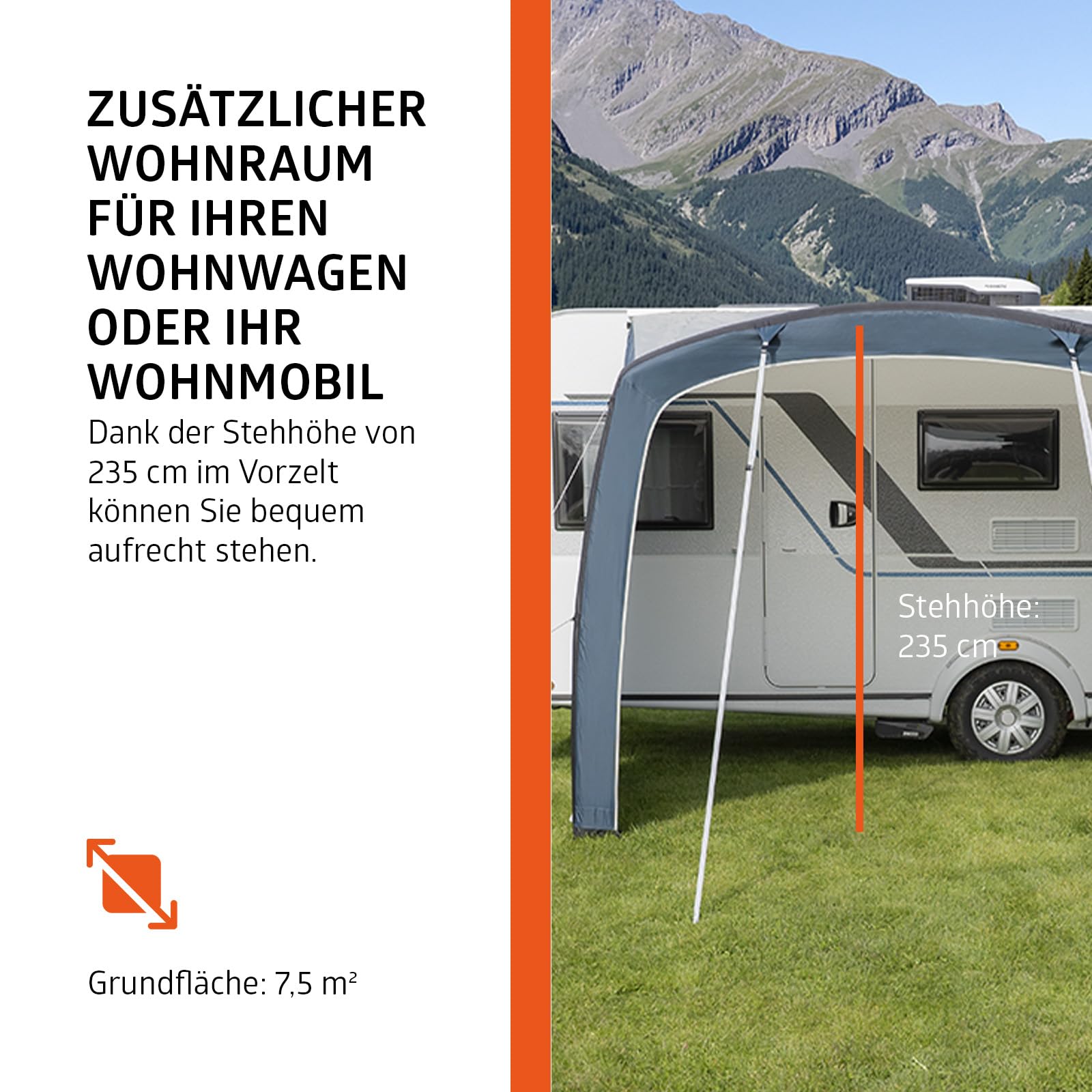 Campout Aufblasbares Vorzelt für Wohnwagen & Wohnmobil – 300 x 250 cm – 3000 mm Wassersäule – Anbauhöhe 235-250 cm – Aufbau in 15 Min – Inkl. Pumpe & Sturmabspannleinen