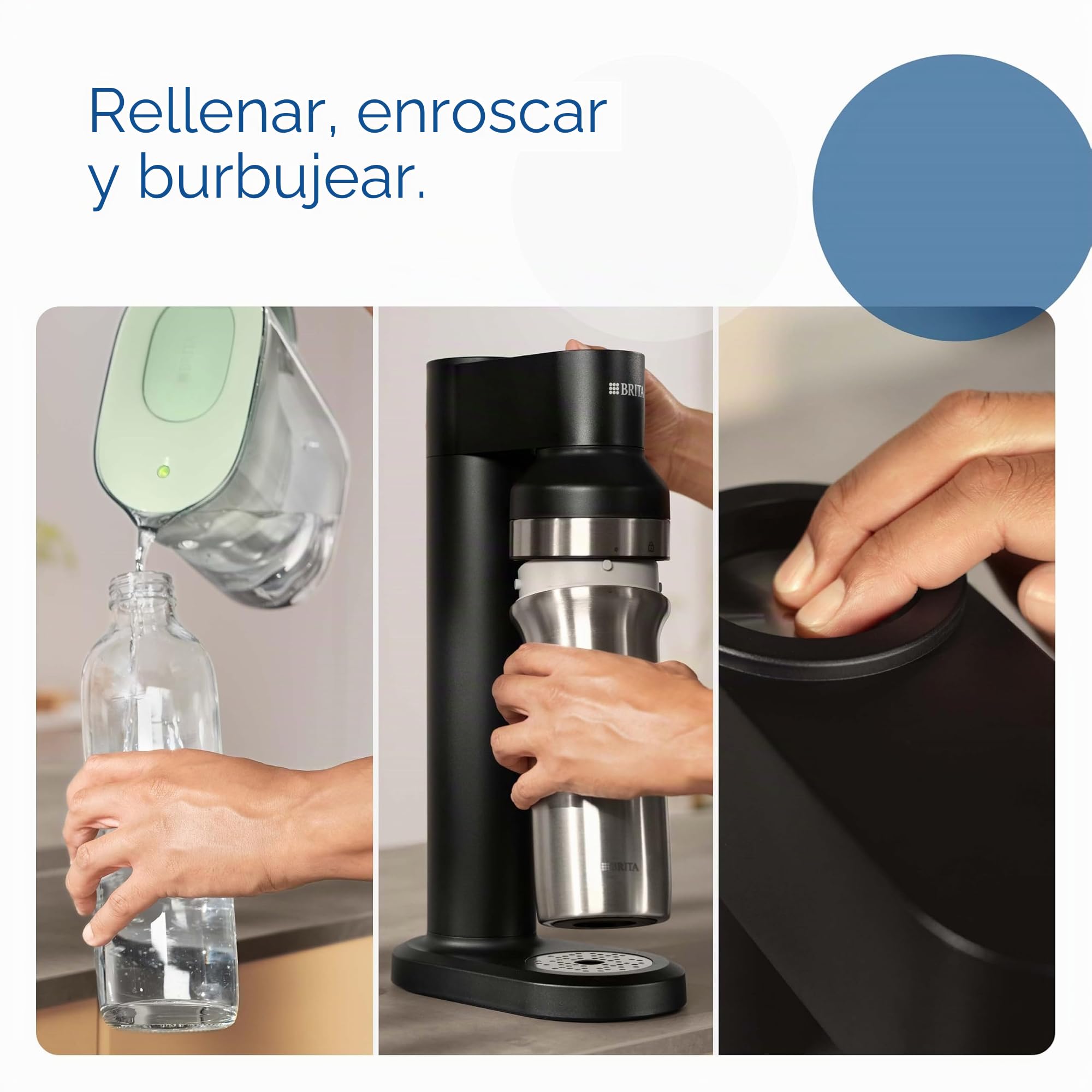 BRITA - Botella de acero inoxidable negra para sodaTRIO 1L - Termo con tapa de silicona antideslizante