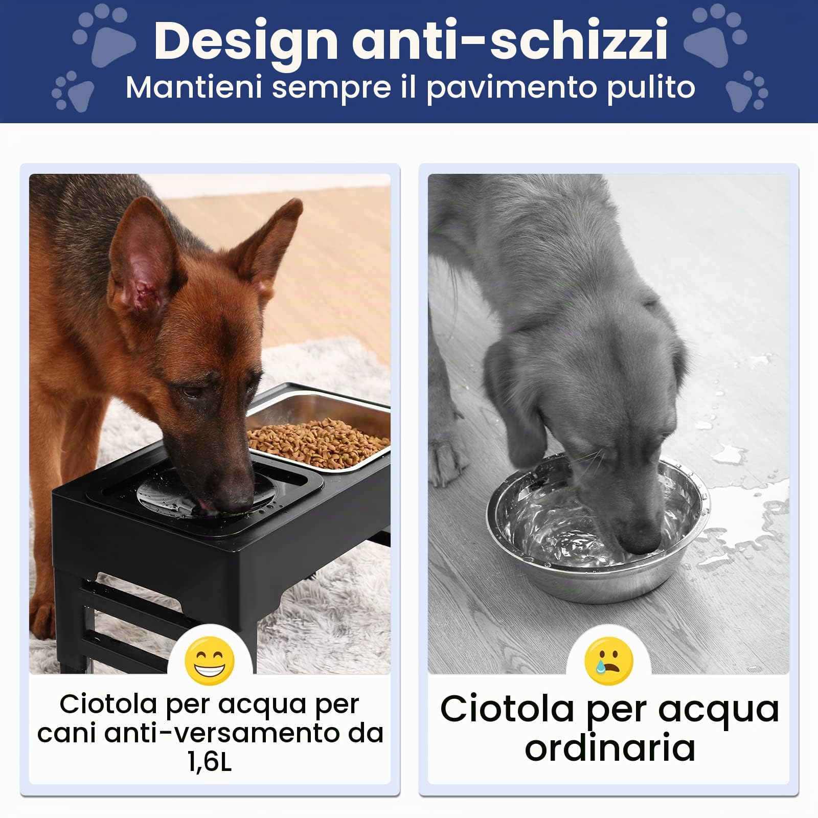 PETTOM Ciotole per Cani Rialzate, Ciotola per Cani Regolabile in 4 Altezza, Ciotola Acqua Antigoccia e Acciaio Inox Set, 1,6L*2