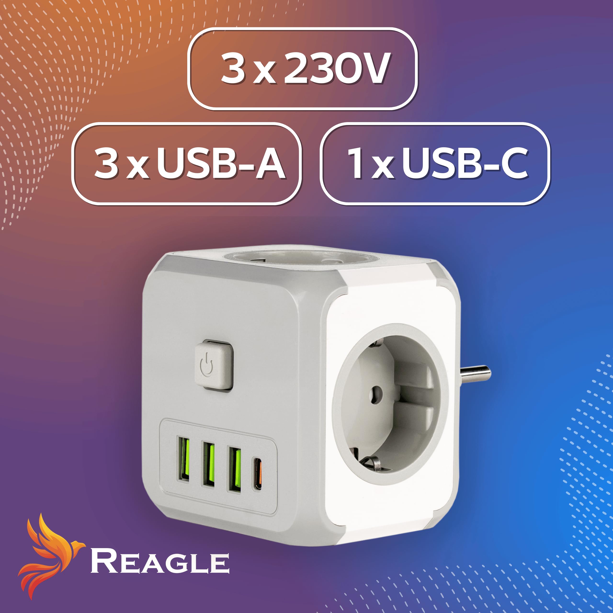 Reagle Listwa zasilająca bez kabla, 3 gniazda z kostką USB-A i USB-C, 2500 W, z przełącznikiem, listwa zasilająca Powercube do biura, domu, podróży