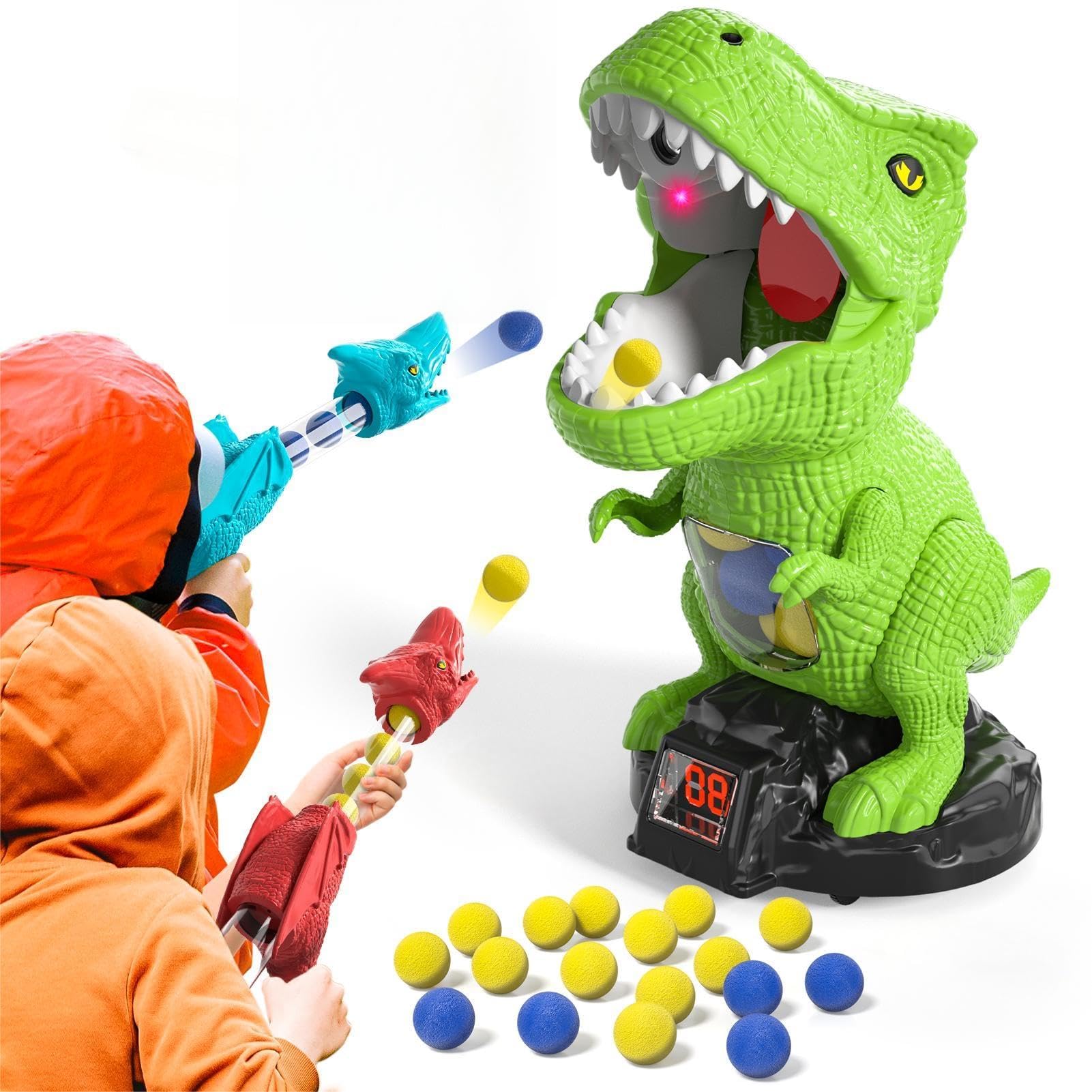 Jouet de tir Dinosaure pour garçon de 2, 3, 4, 5, 6, 7 Ans, avec Lanceur de Pompe à air, Cible Mobile et 48 Boules en Mousse, Jeux d'extérieur/arrière-Cour avec Score LED et Son