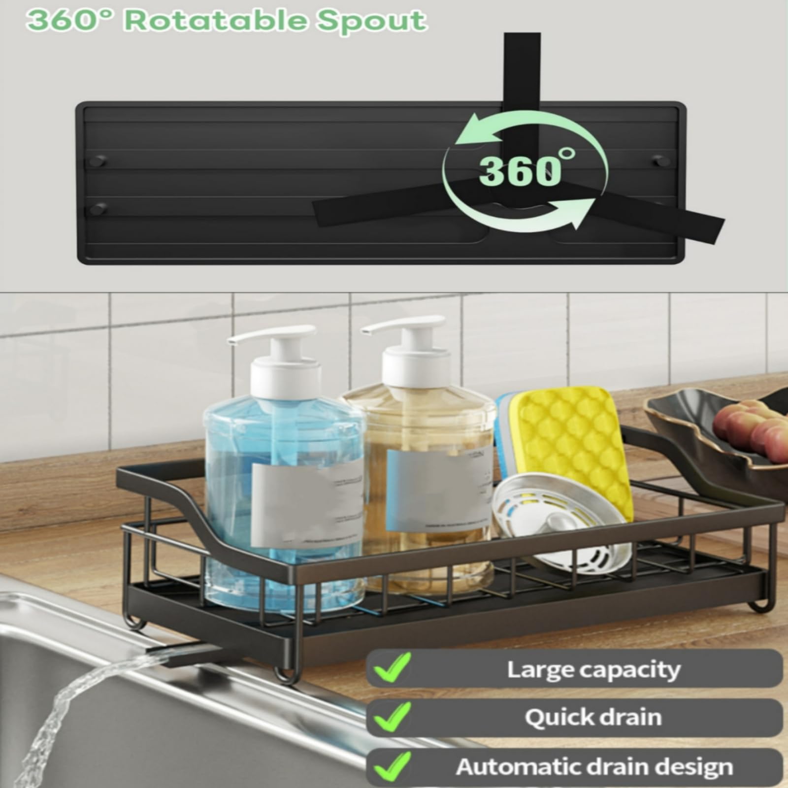 Organiseur d'évier, Porte Eponge Evier Cuisine en Acier Inoxydable avec Porte Brosse Amovible, Séparateur Amovible, Rangement et Organisation de Cuisine, Noir