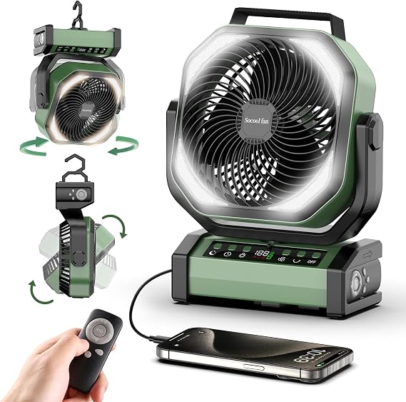 Socool Camping Fan With Light - 20000mAh Rechargeable Battery Fan, 112Hrs Max Run Time, 9 Speeds, Digital Display, Timer, Auto Oscillation, 270 Pivot & Hook For Camping, Power Outage, Hurricane