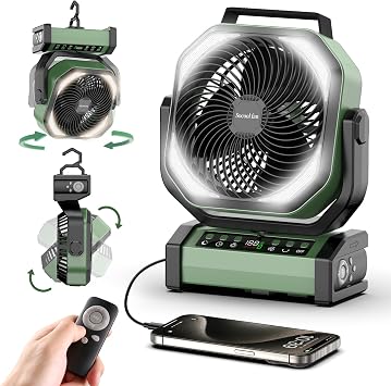 Socool Camping Fan with Light - 20000mAh Rechargeable Battery Fan, 112Hrs Max Run Time, 9 Speeds, Digital Display, Timer, Auto Oscillation, 270 Pivot & Hook for Camping, Power Outage, Hurricane