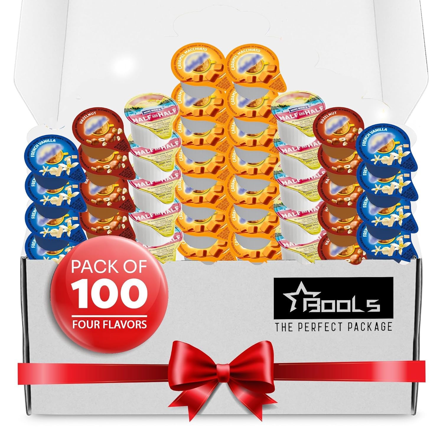 - Coffee Creamer Singles Variety Pack Packaged by Bools Mini Coffee Creamer & Mini Moo's 4 Flavor Assortment (100 Pack) for Home, Office, Coffee, Bar, Gift