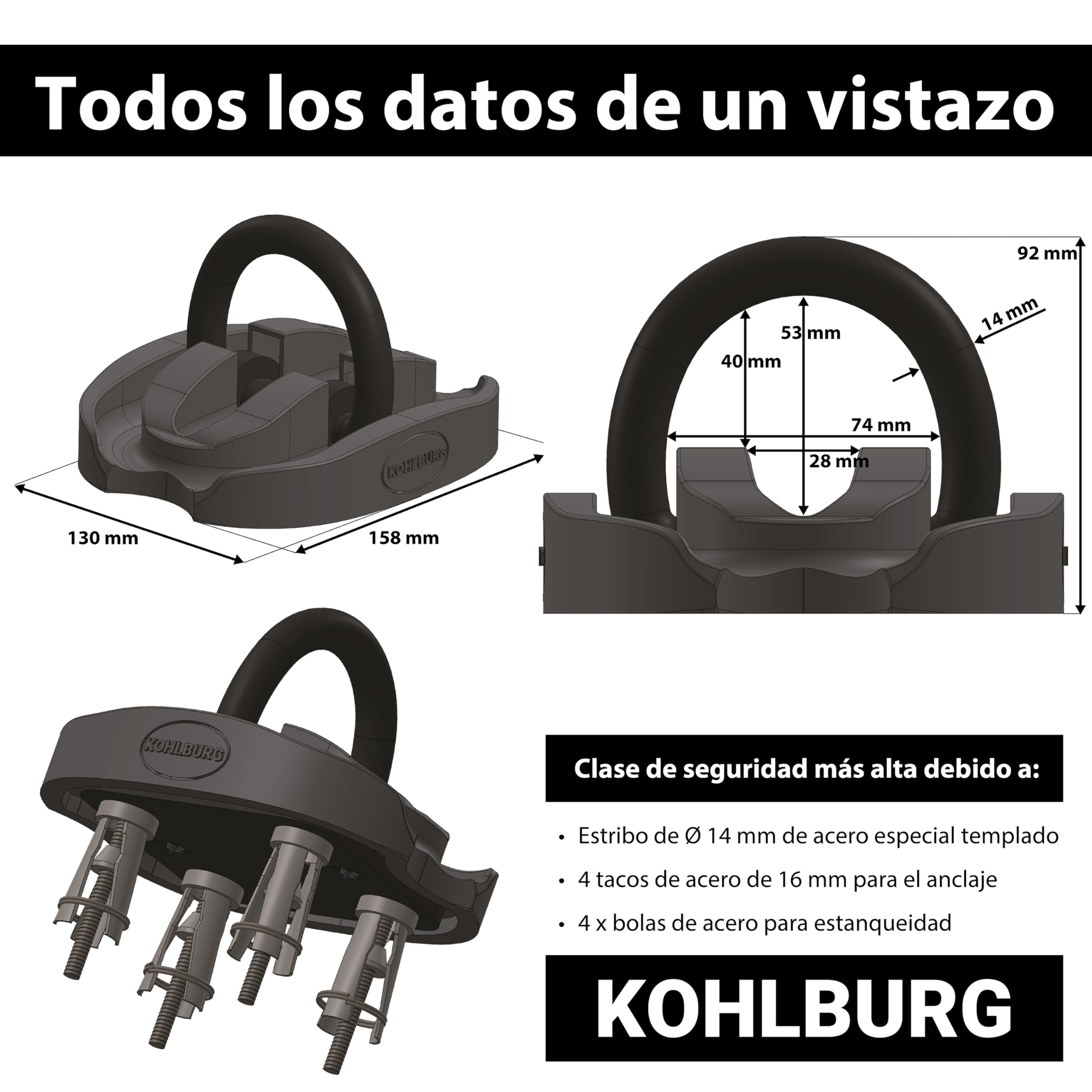 KOHLBURG anclaje de seguridad suelo y pared nivel de seguridad más alto, anclaje moto scooter e‑bike y bicicleta con arco de 14 mm en acero templado – antirrobo bici para pared y suelo sótano y garaje
