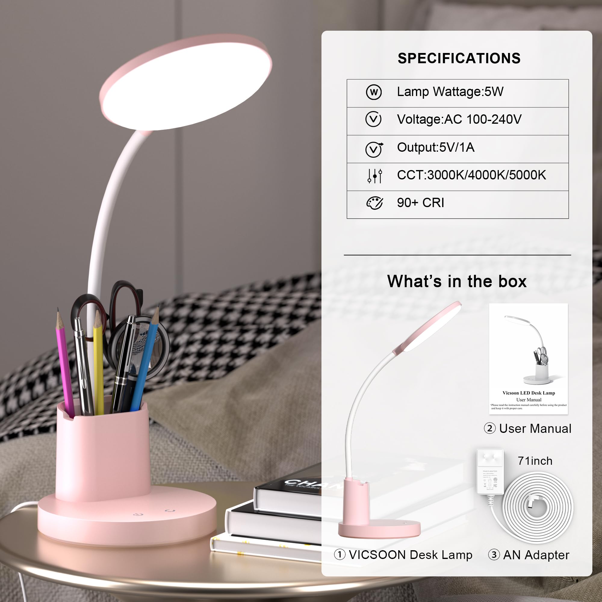 Schreibtischlampe, LED-Schreibtischlampen für Heimbüro, Touch-Tischlampe mit 3 Farbmodi, 360° verstellbarer Arm, dimmbare Schreibtischlampe mit Stifthalter, für Studentenwohnheim, Rosa