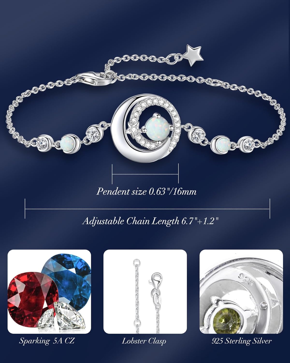 FANCIME Birthstone Bracelets 925 Sterling Silver Moon and Star Bangle Charm Bracelet Fine Jewelry Anniversary Birthday Mothers Day Gifts for Her Women, Adjustable Chain 6.7"+1.2" Extend - Image 3