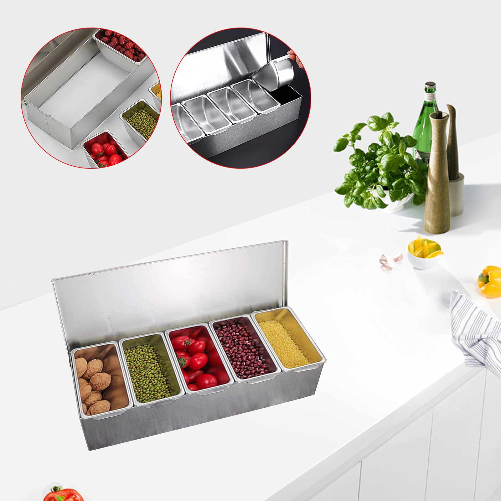 Contenitore per ingredienti in acciaio inox, con 4/5 scomparti, con coperchio e griglia interna rimovibile per frutta, spezie, esche e müsli (5)