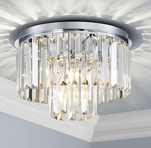 AGV LIGHTING CL006S Lámpara de techo de cristal, moderna lámpara de techo semiempotrada, 12 x 8 pulgadas de alto, base E12 3 luces, acabado cromado
