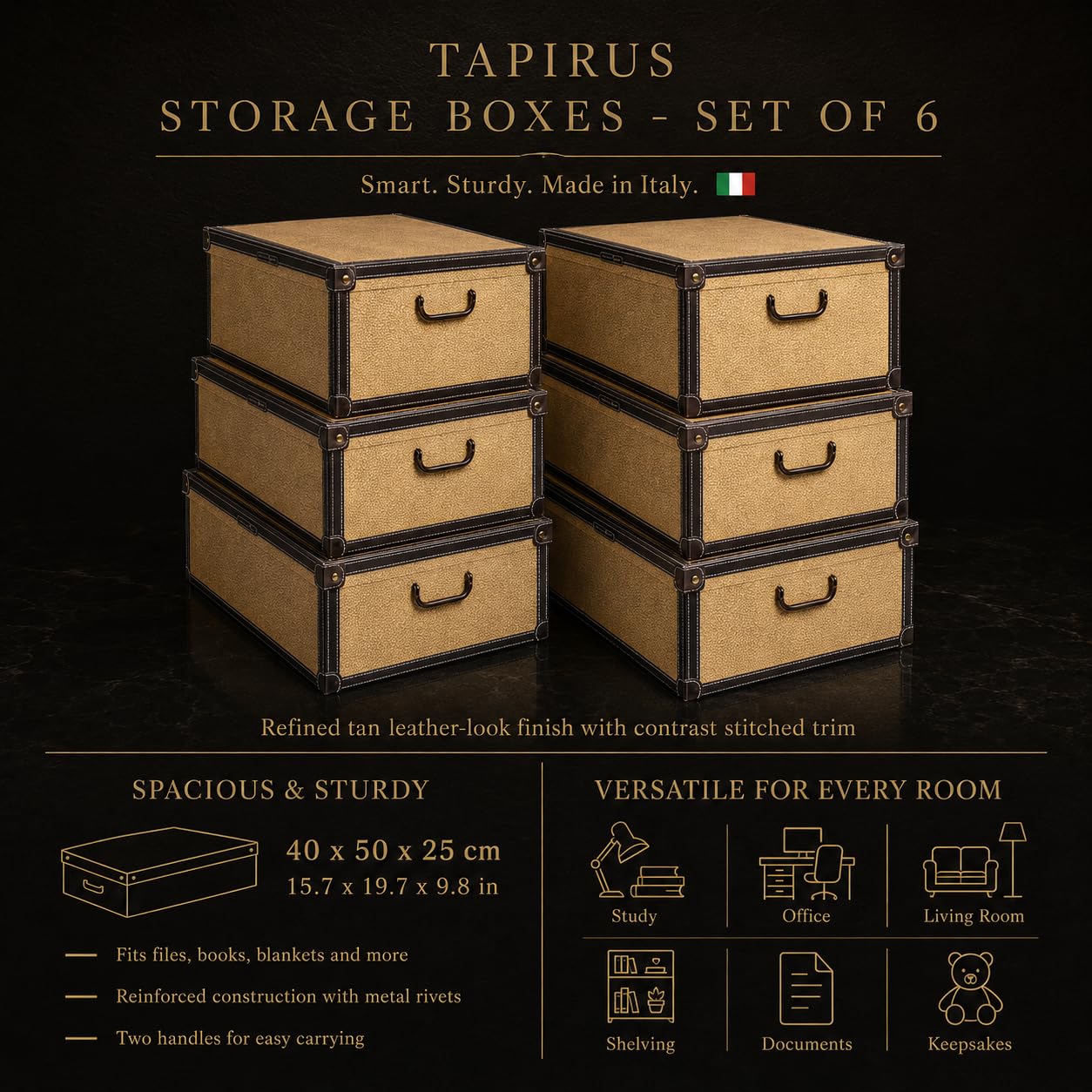 Set aus 6 Aufbewahrungsboxen mit Deckel – Große Kleiderboxen aus Karton 40x50x25 cm – Robust, leicht zu montieren, mit Tragegriffen – Perfekt für Kleiderschrank & Saisonwechsel Tapirus