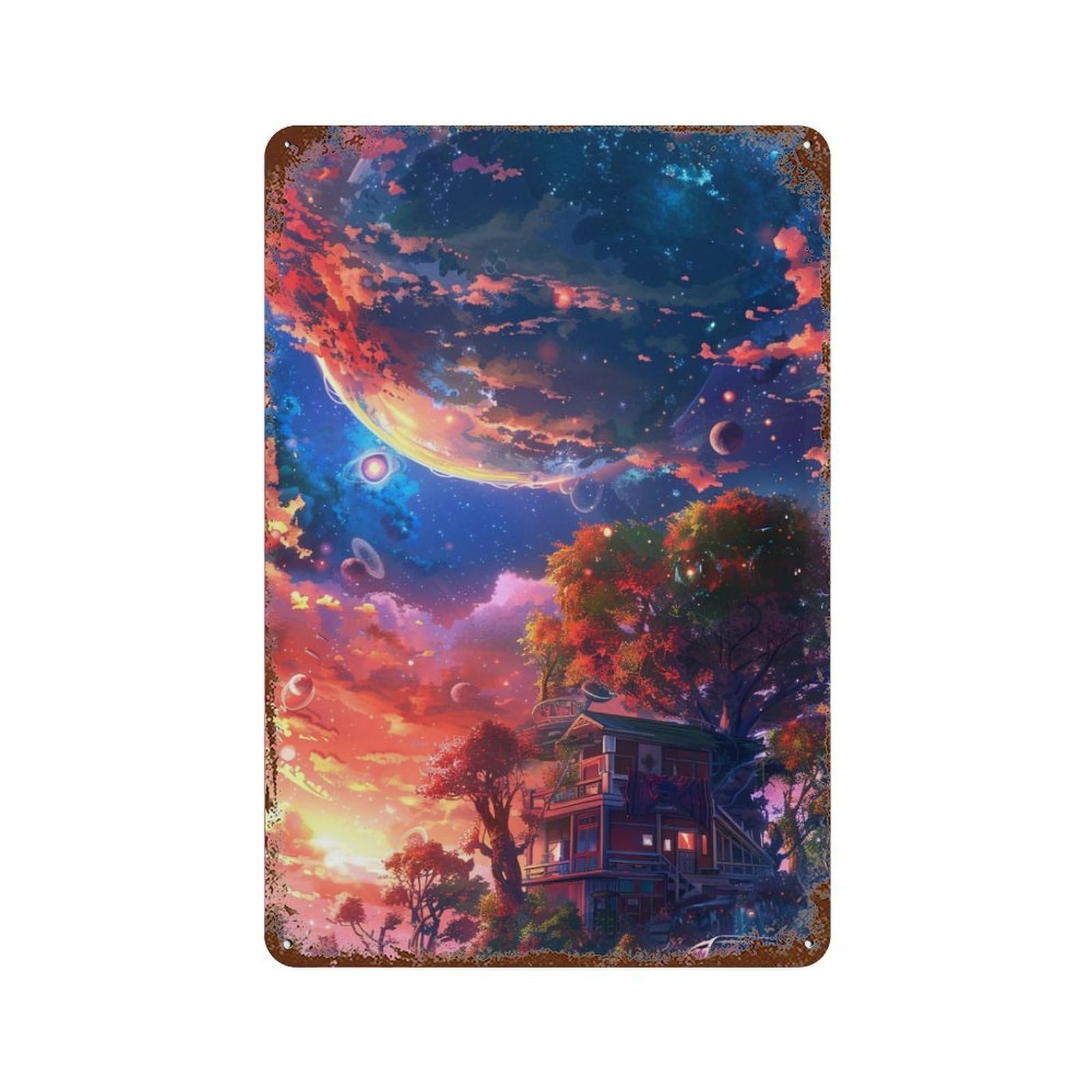 Fantasy Cosmic Landscape Vintage Wall Sign 11.8"x7.9", Rust Effect Metal Decor for Shed, Workshop And Garage Wall Decor