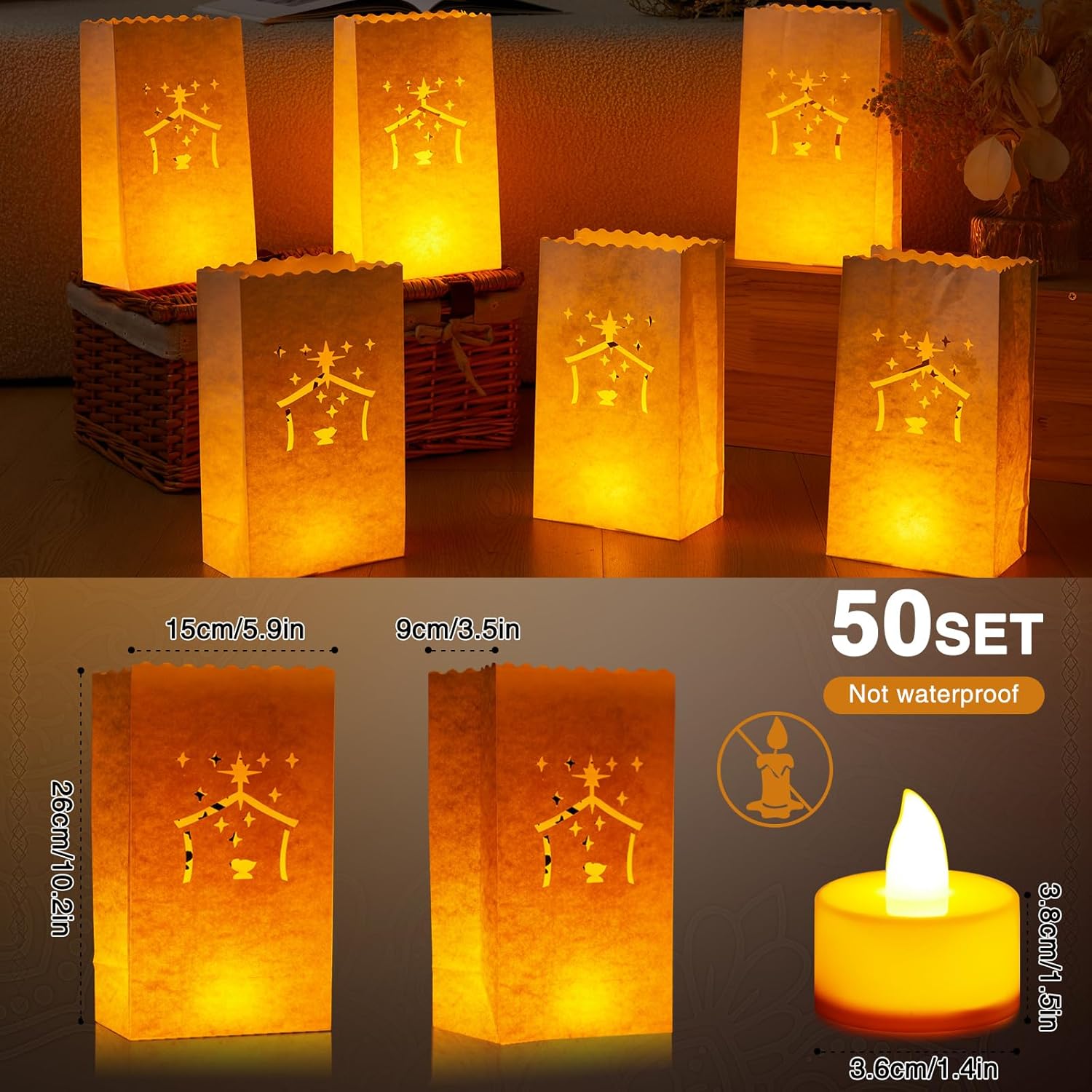 Crtiin 50 Set Christmas White Luminary Bags with Flameless Candles Fire Retardant Material Paper Lantern Candle Bags LED Tea Lights for Christmas Wedding Thanksgiving Party Decoration(Nativity)