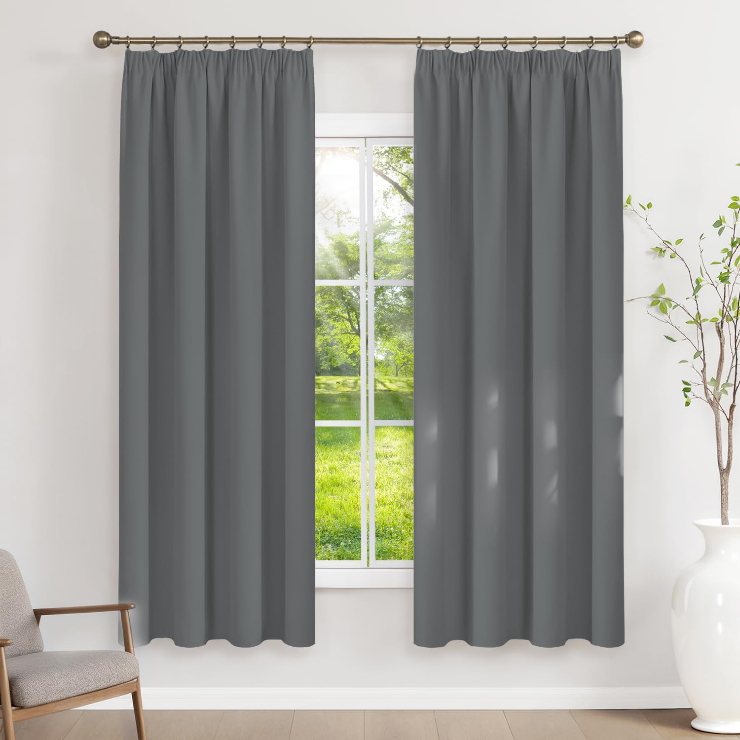 Runyéla Pencil Pleat Blackout Curtains for Bedroom Grey Thermal Curtain 52 x 63 Inch Drop Living Room Kitchen 2 Panels Light Gray