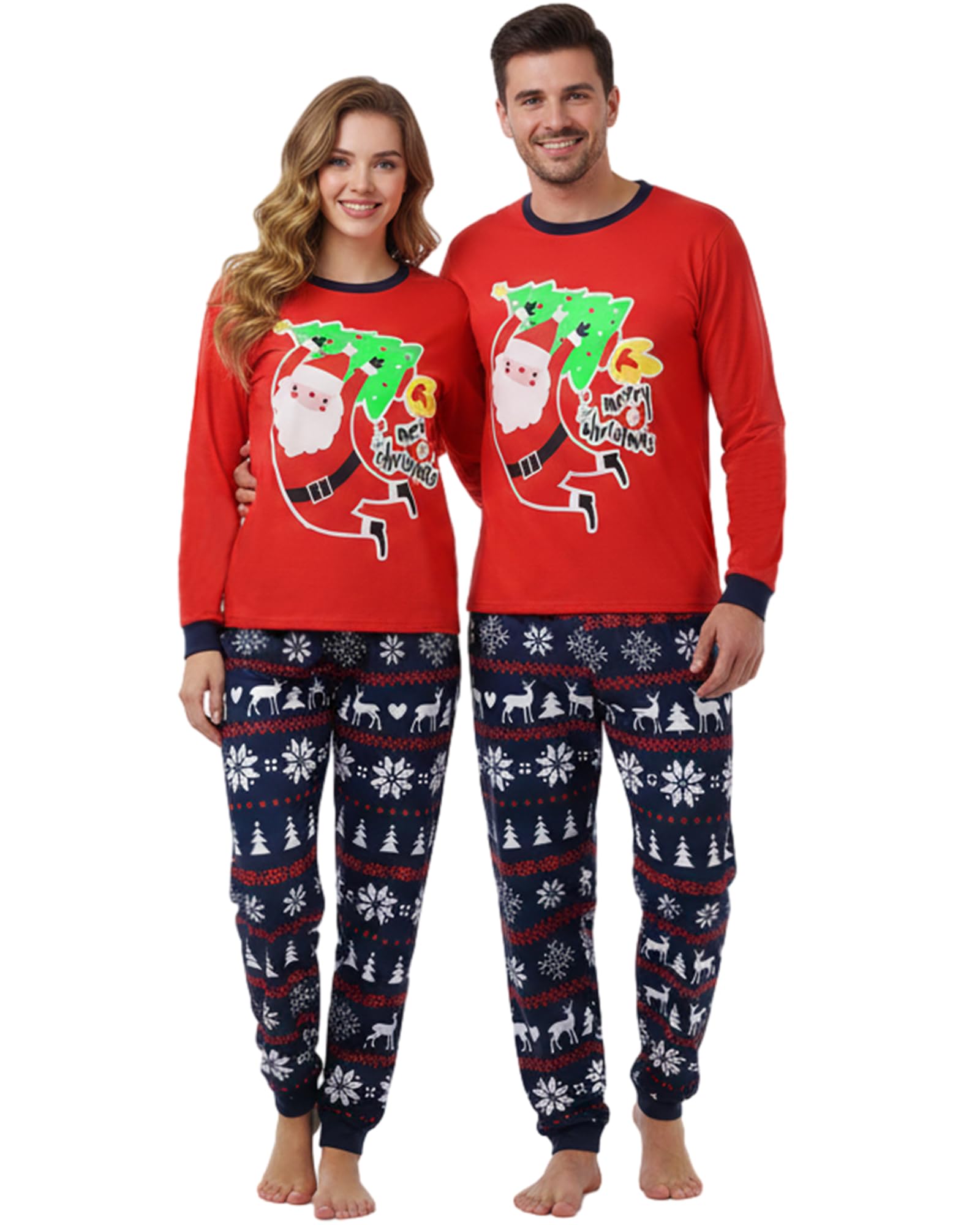 Hotfiary Ensemble de pyjama de Noël assorti pour la famille avec imprimé Père Noël, haut à manches longues et bas de pyjama à carreaux, vêtements de nuit de Noël pour femmes, hommes, adultes, enfants