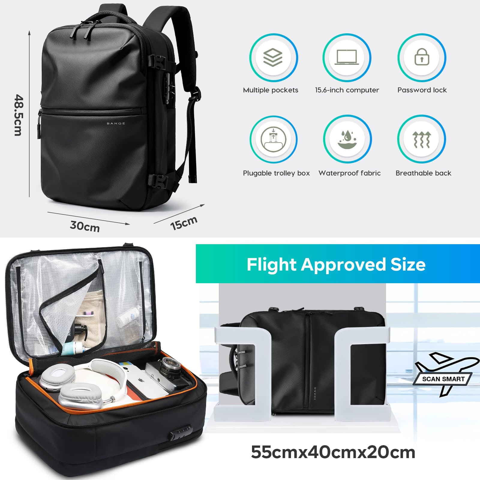 BG FUTURE AESTHETICS Reiserucksack für Männer, wasserdichter, leichter Laptop-Tagesrucksack für Business und Arbeit, Anti-Diebstahl-Rucksack für Männer und Frauen