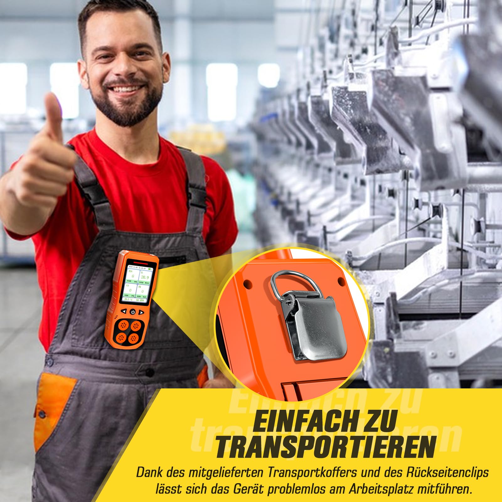 4 Gasmelder, Tragbar 4 Gas Monitor für H2S, CO, LEL und O2 Analysator, Wiederaufladbarer 4 Gasdetektor mit Ton, Licht und Vibration, Orange