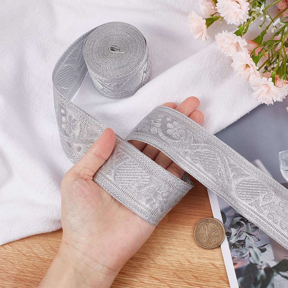 GORGECRAFT 5 Yards 42mm Silver Metallic Jacquard Trim Vintage Floral Emobridered Double Sided Woven Trim Ribbon Glitter Diy Craft Embellishment for Gift Wrapping Bouquet Sewing Wedding Handmade - Image 3