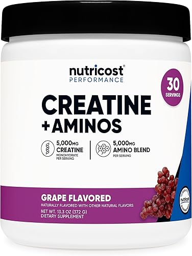 Nutricost Creatina + Aminos 30 porciones (sabor a uva)  5,000 mg de monohidrato de creatina + 5000 mg de mezcla de amino BCAA por porción