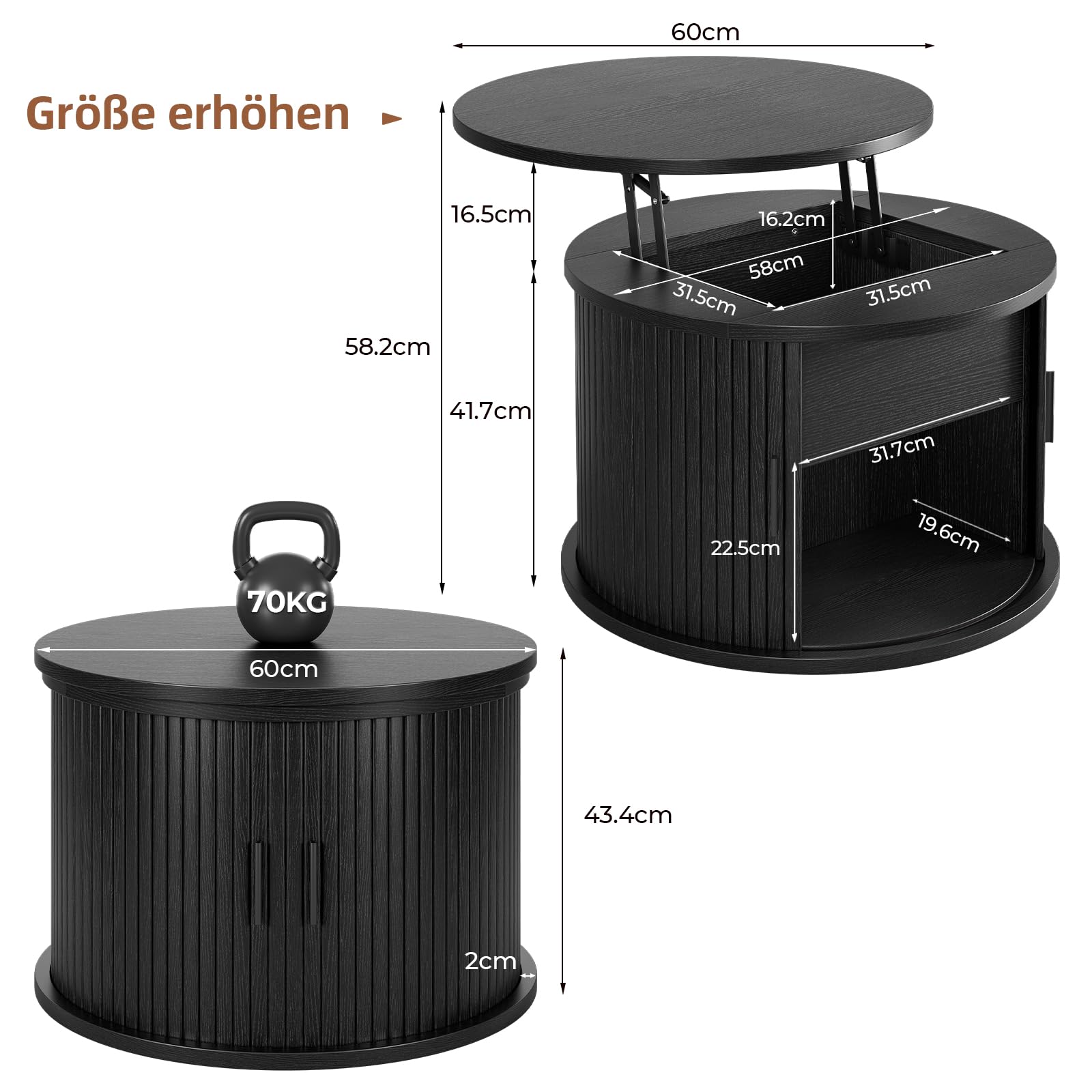 60cm Rund Couchtisch, Höhenverstellbar Wohnzimmertisch mit Verstecktem Stauraum & Hebeplatte, Moderne Hölzerne Akzent Mitte Tisch, Kaffeetisch, Sofa Beistelltisch für Wohnzimmer, Schwarz