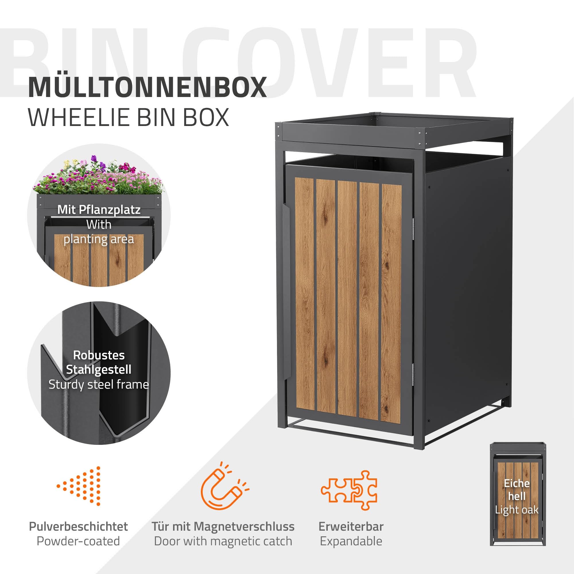 ML-Design Mülltonnenbox 1er 240L mit Pflanzdach, Mülltonnenverkleidung für 1 Mülltonne, Müllbox wetterfest, Mülltonnenhaus aus Stahl, Müllcontainer mit Tür, Gerätebox 68x80x124 cm Anthrazit-Holzoptik
