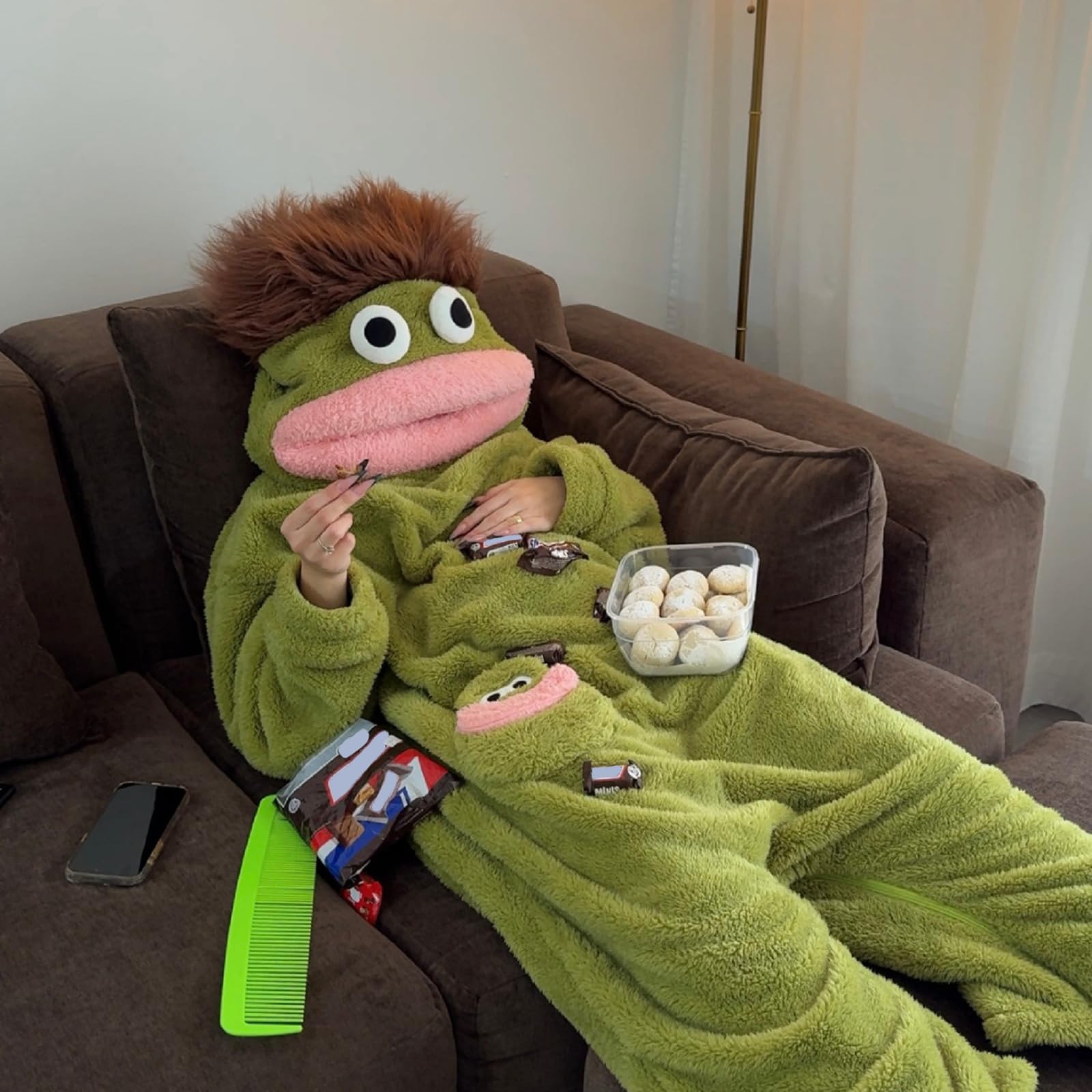 Silly Onesie Sweat à capuche amusant en polaire ultra douce pour la maison Motif monstre vert