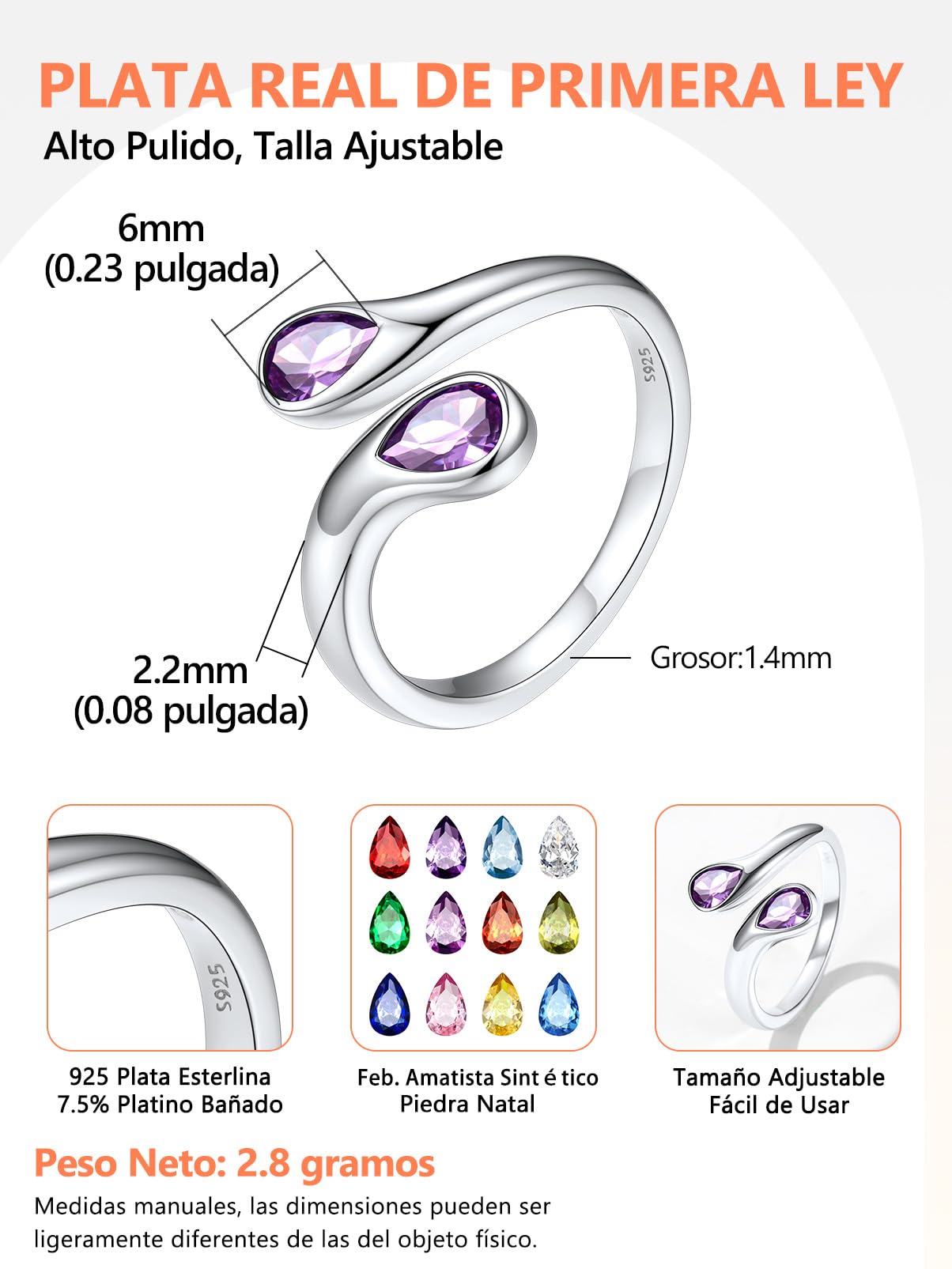 Silvora Plata 925 Anillo Ajustable Mujer Regalo Compromiso Alianza Pareja | Piedra Gota de Agua Circonita Brillante de 12 Colores Material Hipoalergénico Plata de Primera Ley Joyería Delicada Dedo Mano