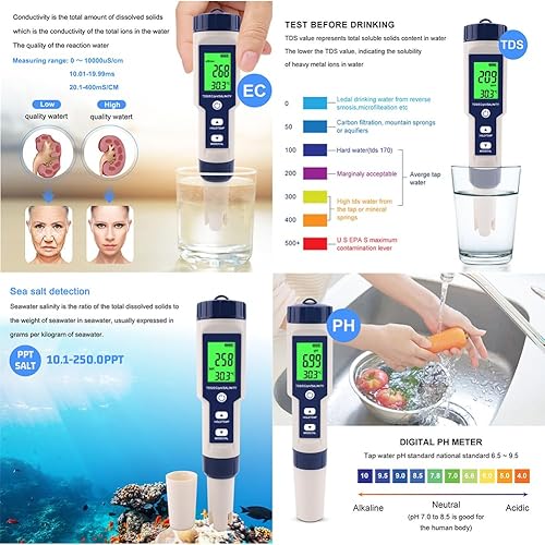 Miniatura 8 de Medidor de pH 7 en 1 Gomass 0.01 Probador de pH de alta precisión digital para agua TDSECSalinidadTempORPS. GPH Probador de pluma de agua potable,