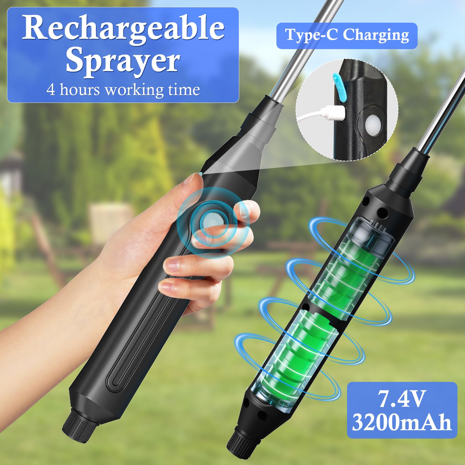2 Gallon Electric Sprayer – Handheld Or Backpack, 7.4V Rechargeable, 4 Nozzles, Retractable Wand For Lawn, Garden, Pest Control (Blue)