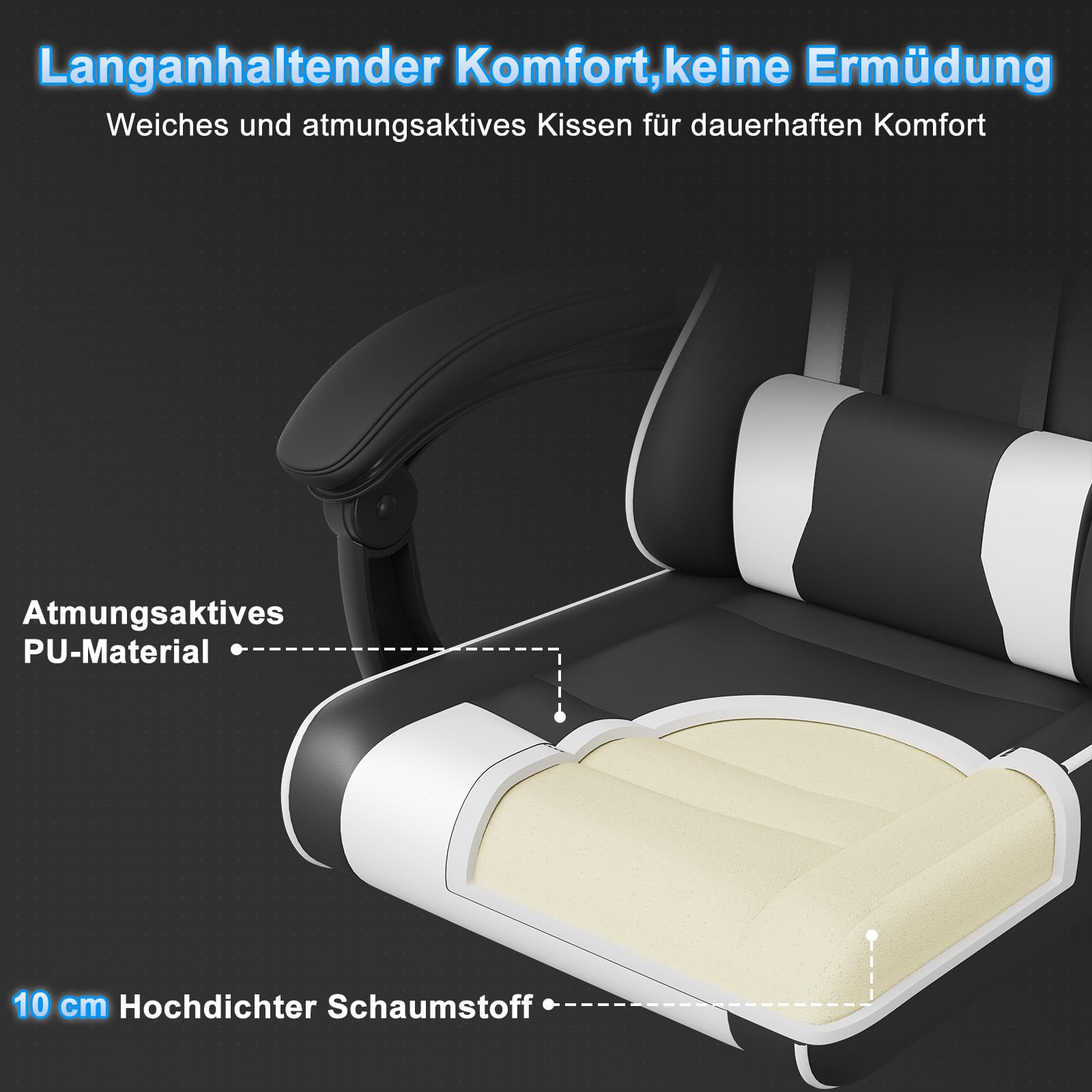Devoko Gaming Stuhl mit Massagefunktion, Bürostuhl Ergonomisch mit Verstellbarer Ruckenlehne (90-135), Schreibtischstuhl mit Bewegliche Armlehne, max 135kg, Schwarz Weiß