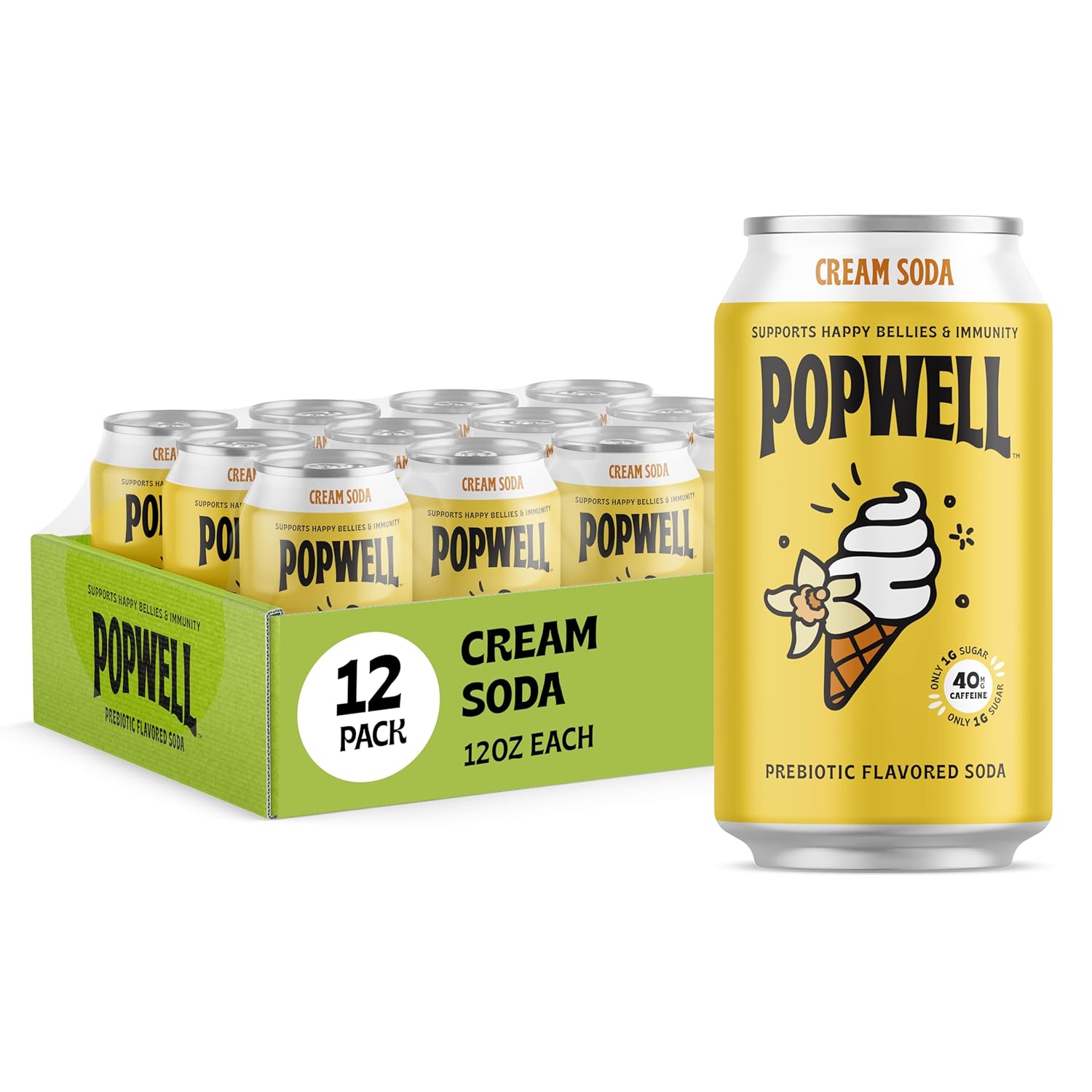 Popwell Cream Soda Caffeinated Better-For-You Prebiotic Soda, with 6g Fiber, 1g Sugar, Vitamins and Immunity Support, 12 fl oz Cans (pack of 12) Cream Soda with Caffeine 12 Fl Oz (Pack of 12)