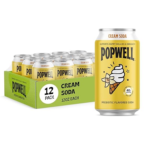 Popwell Cream Soda Caffeinated Better-For-You Prebiotic Soda, with 6g Fiber,