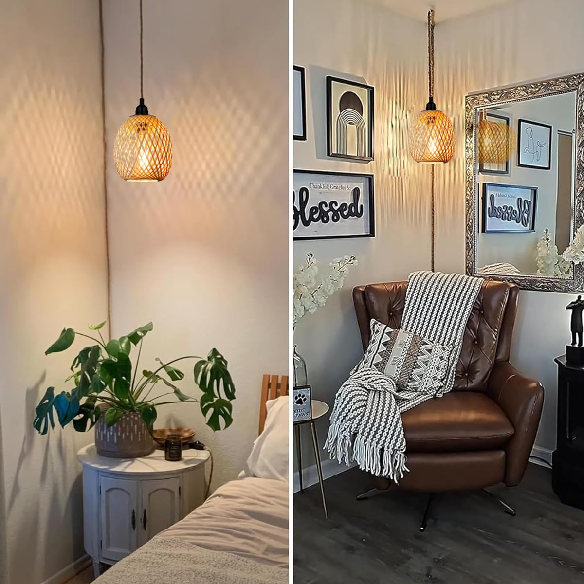 Hängelampe Lampenschirm mit Stecker Outdoor Lampe Hängend Boho Rattan Deckenlampe Hängeleuchte Bambus Deko Deckenleuchte Esstisch Lampen Hängelampen Pendelleuchte 4,5M Kabel für Schlafzimmer