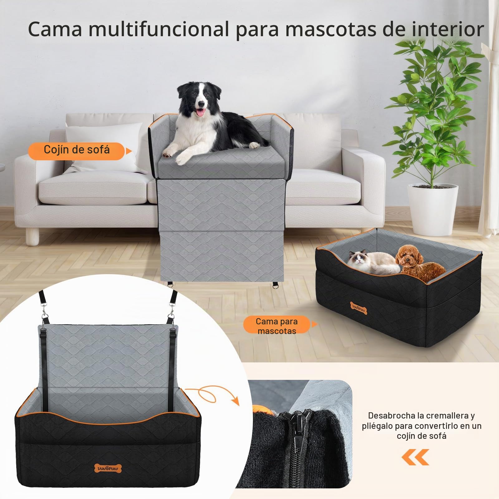 VavoPaw Asiento de Coche para Perro, Asiento Elevador Impermeable con Correa de Seguridad y Cojín Grueso, Cama Extraíble en Asientos Trasero para Mascotas Perro Mediano para Viajar