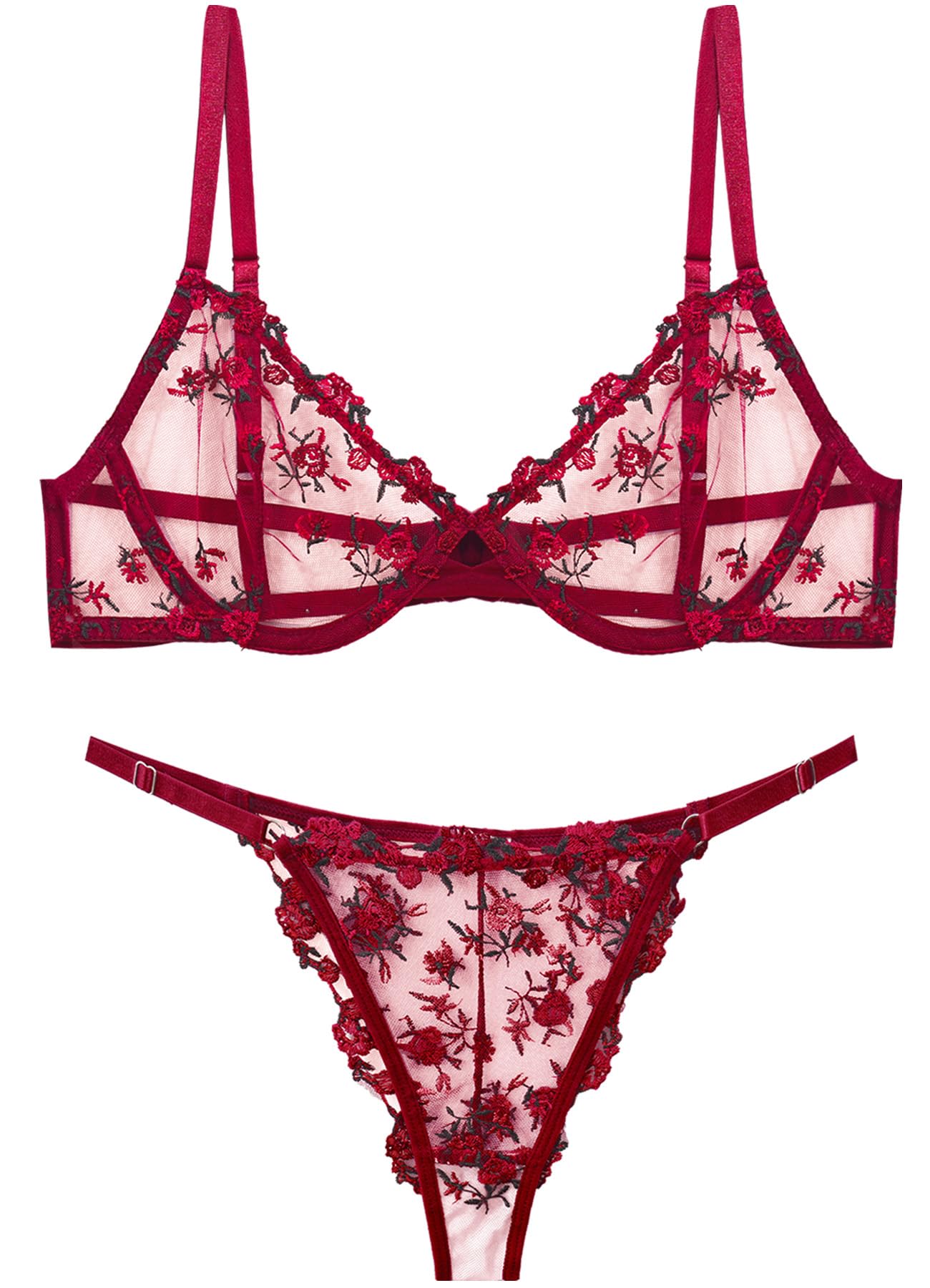 FEOYA Lencería sexy para mujer, conjunto de brasier y bragas de encaje a juego, malla bordada, bralette push up, tanga, ropa interior de dos piezas
