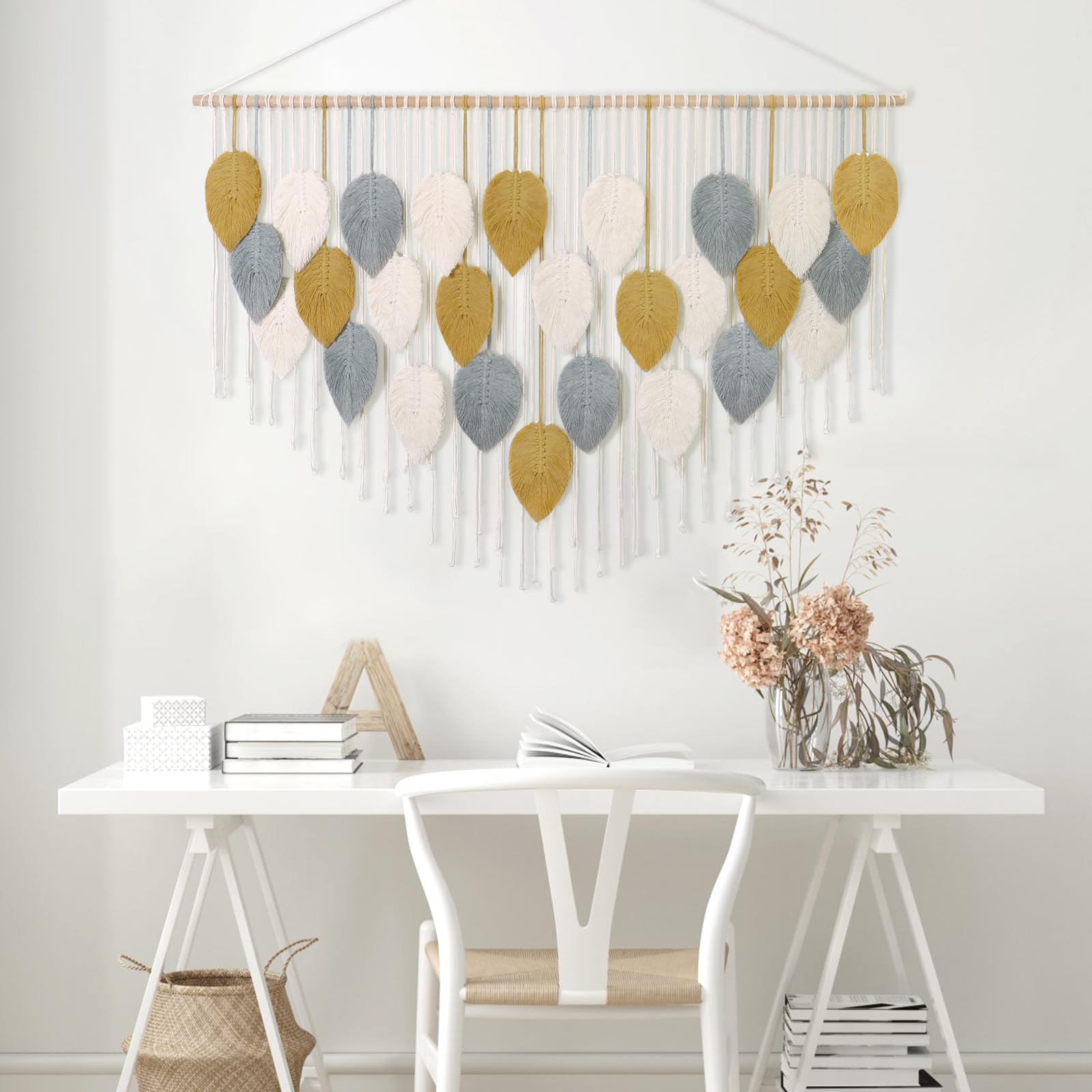 Weldomcor Macrame da Parete in Macramè, Decorazione Bohémien, Decorazione per la Casa, Camera da Letto, 130 x 85 cm（Kaki, Grigio）