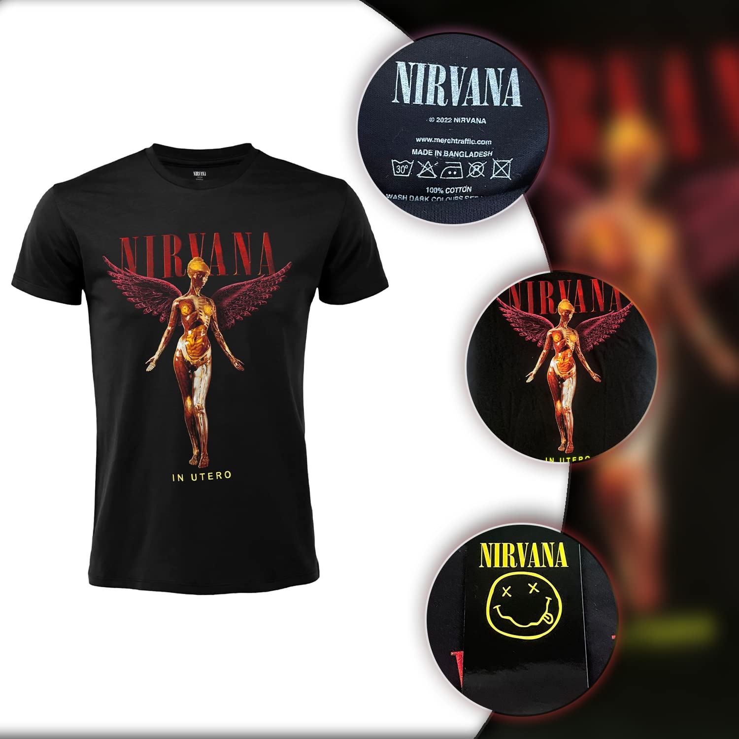 Nirvana in Utero T-Shirt Officiel Rock T-Shirt Noir Coton Unisexe Adulte Garçon.