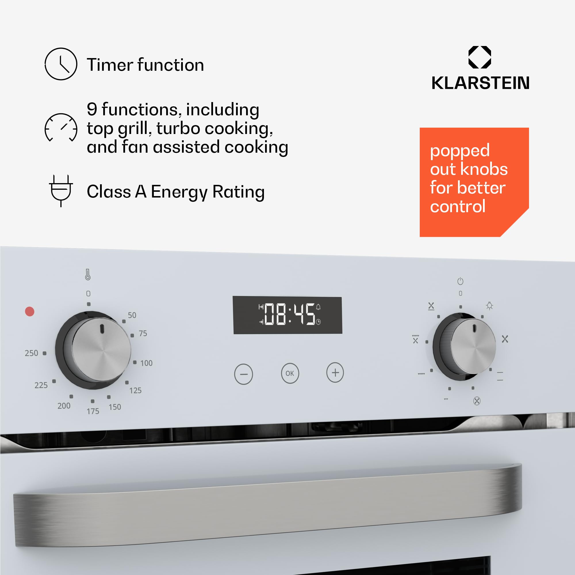 Klarstein SmartSlim Built-in Oven - 49L Electric Oven with 9 Functions, Digital Timer, Steam-Cleaning, Removable Glass Door, Black Tempered Glass, Energy Class A, 45cm — view 4