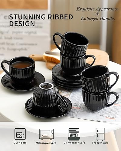 Miniatura 4 de Hasense Tazas de cerámica para capuchino con platillos  6 onzas, juego de 6 tazas de café expreso acanalado para café, té, café con leche y