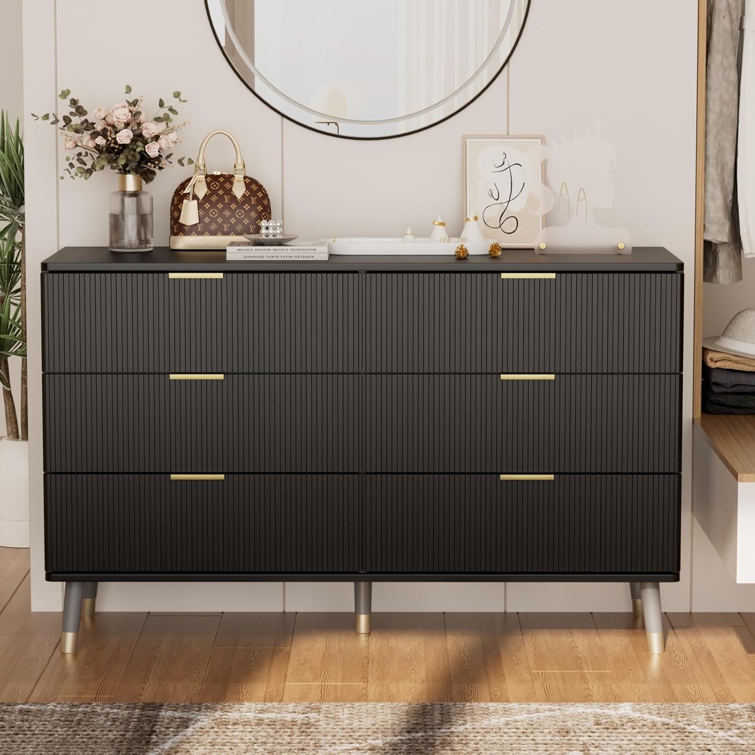 JOZZBY Black Dresser for Bedroom, 6 Drawer Dresser, Bedroom Dresser with Gold Handles, Modern Dressers & Chests of Drawers, Kids Dresser for Nursery, Bedroom, Hallway, Entryway
