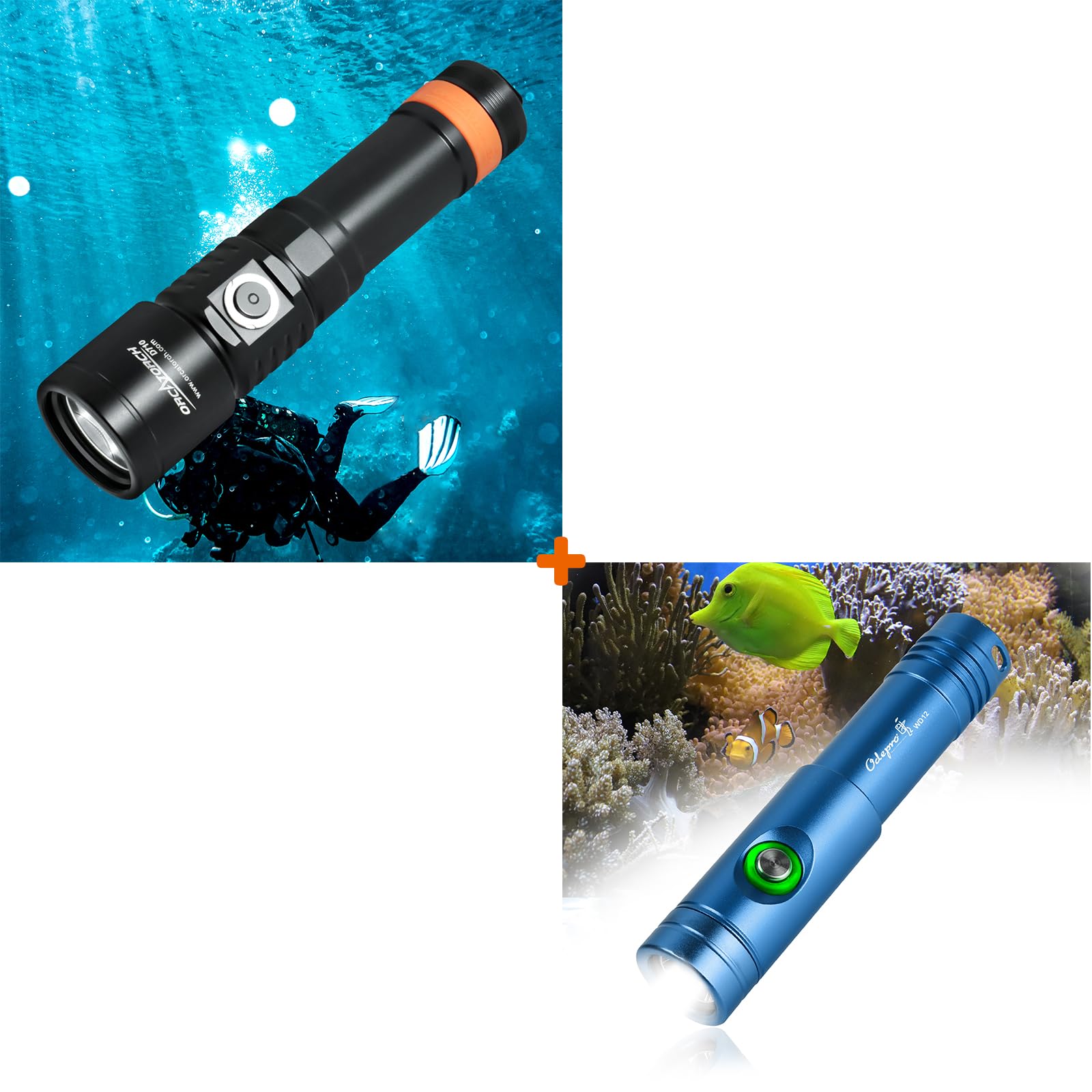 ORCATORCH D710 3000 Lumens Scuba Diving Light & Odepro WD12 980 Lumens Dive Light Bundle