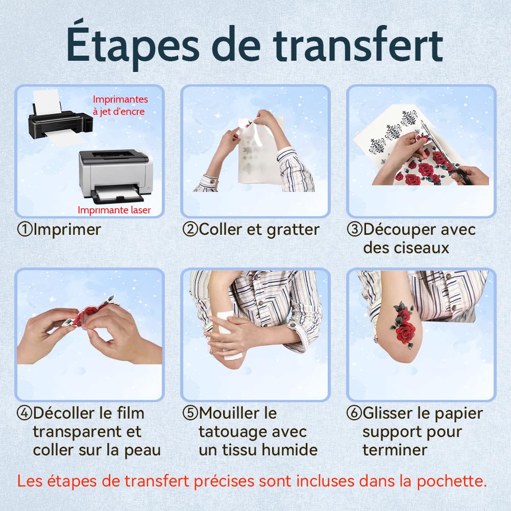 Papier Transfert Tatouage Temporaire Transparent A4, Impression Jet d'Encre & Laser, Lavable, Décalcomanie DIY, 5 Feuilles