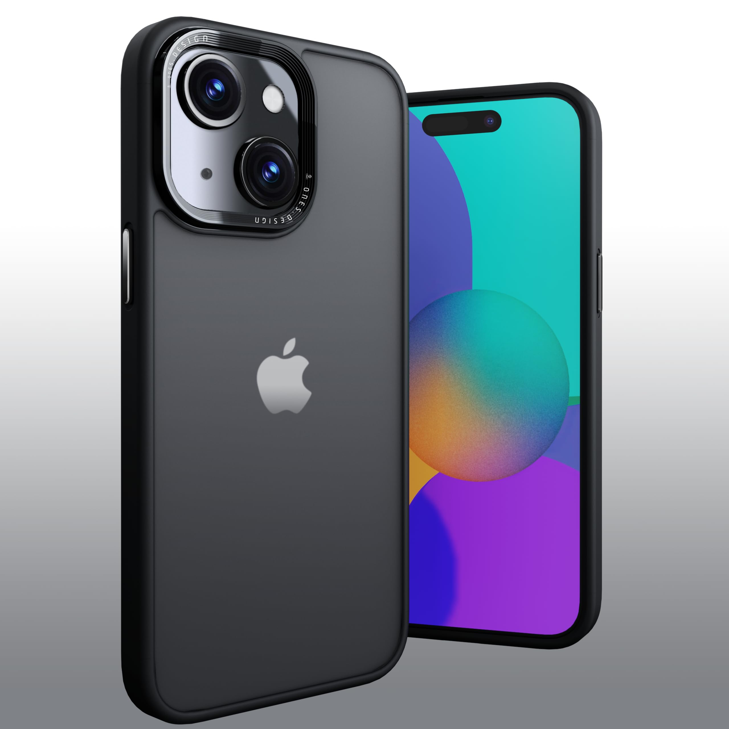 ONES 艶消し iPhone15 ハードケース 【 強化レンズ保護、合金ボタン、エアバッグ 】● 米軍MIL規格 超耐衝撃 【 黒·衝撃吸収シリコンバンパー ✚ 透明·マット感·強化PCガードボード 】 指紋防止 滑り止め 画面保護 すり傷防止 黄変防止 つや消し Qi充電 薄型 レコード盤風 高級 カバー
