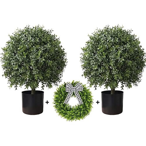24''T Artificial Boxwood Ball Topiary Tree, Set of 2 Boxwood Ball-Shaped Artificial Topiary【UV Resistant】, for Porch Outdoor or Indoor