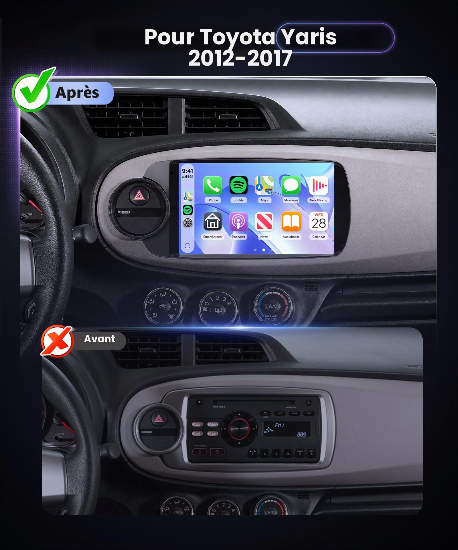 Hodozzy Autoradio pour Toyota Yaris 2012-2017 avec CarPlay sans Fil Android Auto, 9 Pouce Touchsreen avec Bluetooth/RDS Radio/SWC/GPS/Youtube/USB/V-Link/+Caméra de Recul