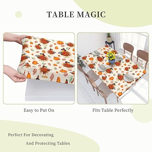 Miniatura 3 de Mantel rectangular de Acción de Gracias, pavo y calabaza, con borde ajustable, lavable, reutilizable, para cocina, comedor, picnic, fiesta, 4 pies,