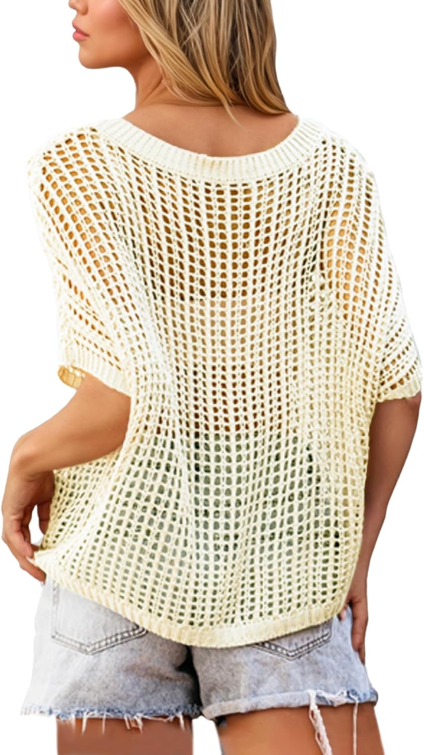 Women's Tops Beach Short Sleeve Sweater Crochet Cover-up Scoop Neck Casual Knitted Pullover Summer Hollow Tops - Image 4