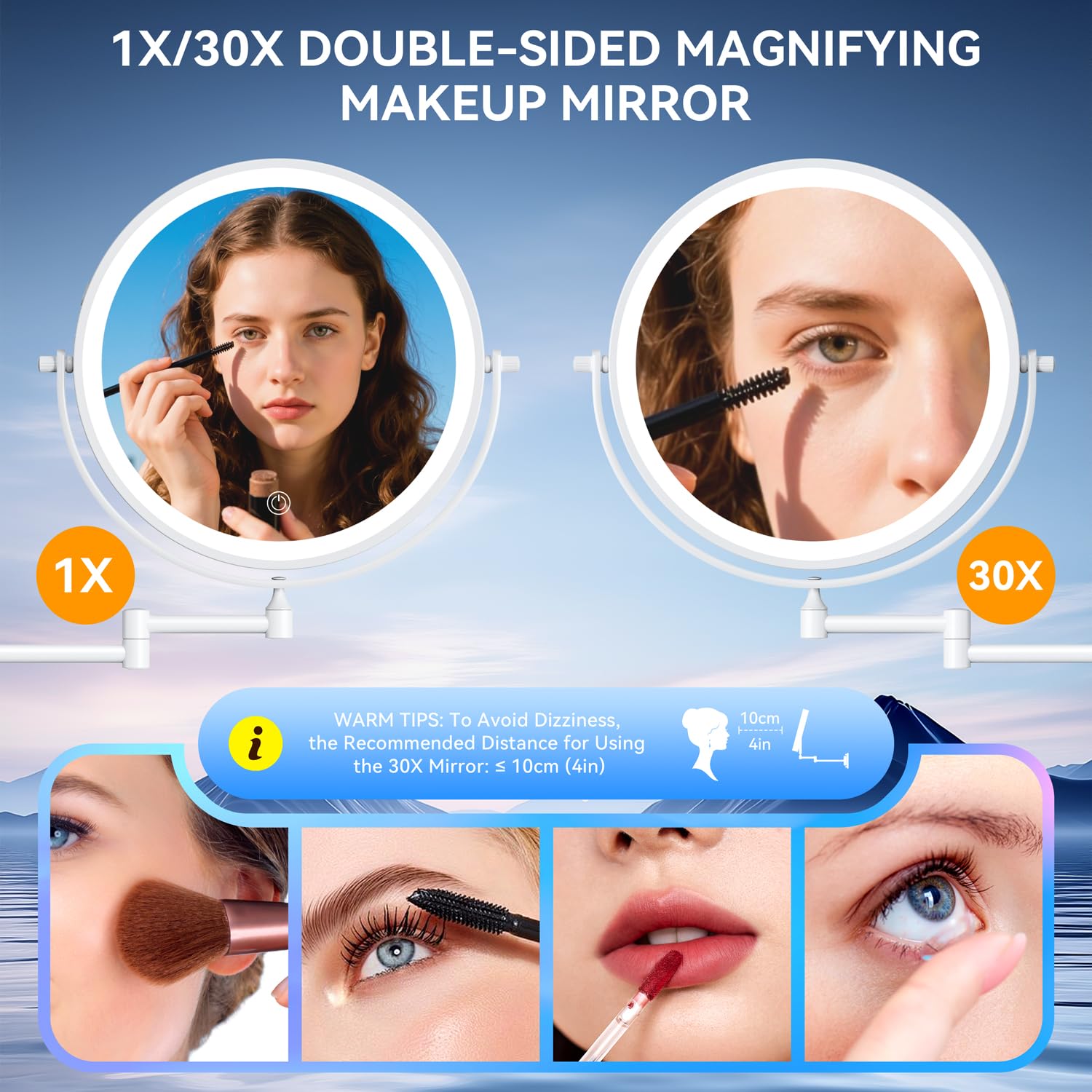 Espejo de maquillaje montado en la pared 1X/30X con luz, espejo de aumento de doble cara de 9 pulgadas, 3 luces de color, espejo de tocador regulable táctil con rotación de extensión de 360°, brazo